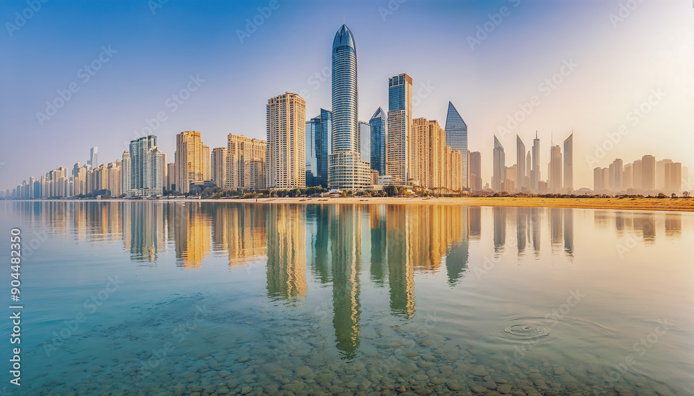 Fototapeta premium Magnifique vue panoramique depuis l'océan d'une ville moderne, faites de nombreux buildings, jolie reflets dans l'eau 