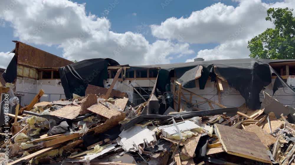 Large industrial scoop moves across the screen to reveal a completely demolished building. Sunny cloudy blue skies above. Large industrial scoop moves across the screen to reveal a completely demolished building. Sunny cloudy blue skies above.