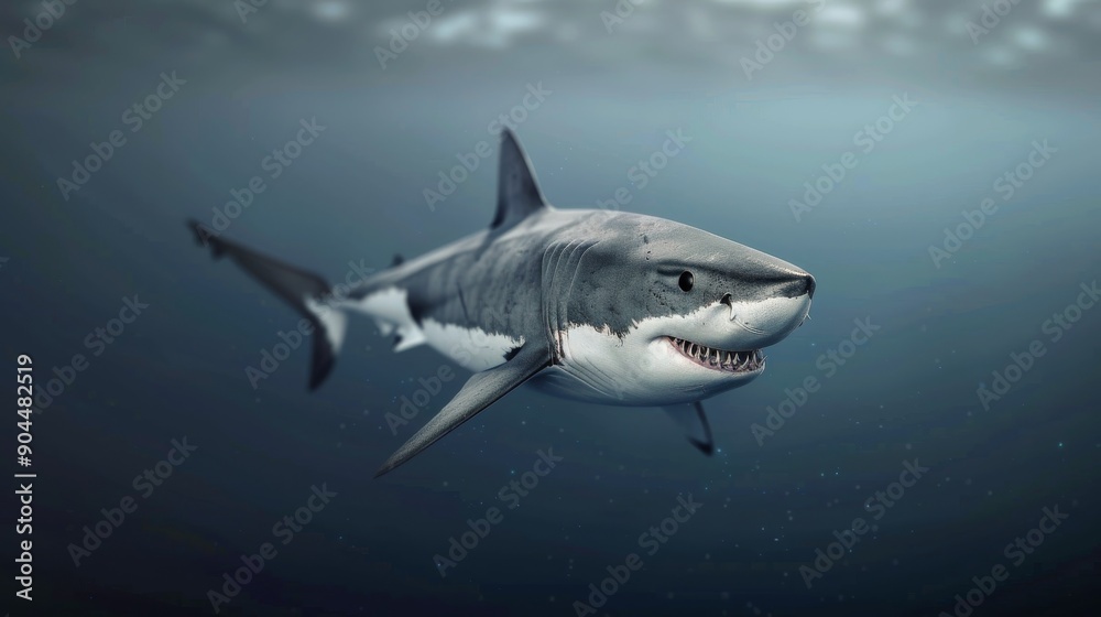 Fototapeta premium Great White Shark Swimming Beneath Waves in Crystal Clear Water
