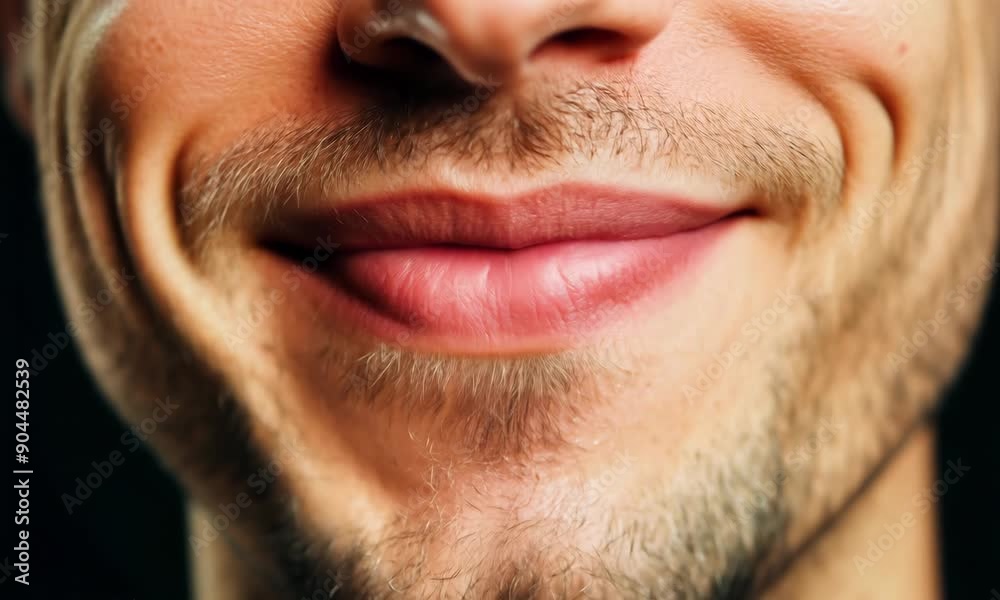 A man with a mustache and a smile on his face. The man's lips are pink and his hair is short A man with a mustache and a smile on his face. The man's lips are pink and his hair is short