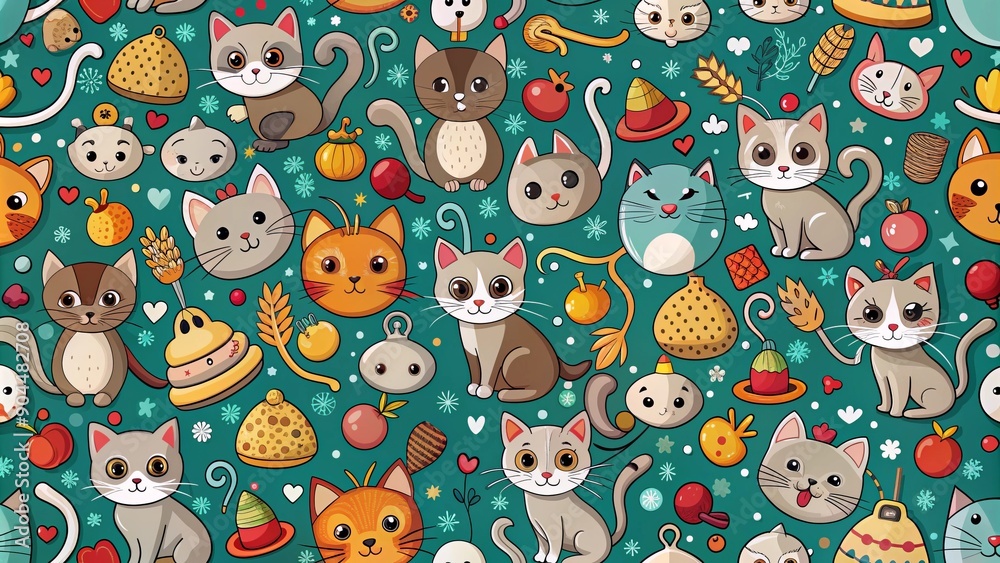 Fototapeta premium Pattern with cats. Cats, toys for cats, mice background