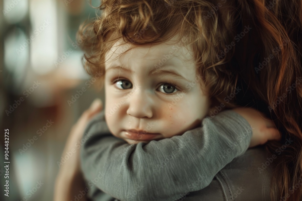 A curly-haired toddler with sad eyes hugs an adult, creating a moment of comfort and care in an indoor setting with soft, warming light. A curly-haired toddler with sad eyes hugs an adult, creating a moment of comfort and care in an indoor setting with soft, warming light.