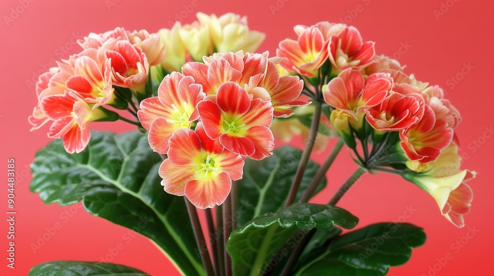 A detailed shot of a vase filled with colorful blossoms against a crimson backdrop, with a reddish-colored wall visible behind A detailed shot of a vase filled with colorful blossoms against a crimson backdrop, with a reddish-colored wall visible behind
