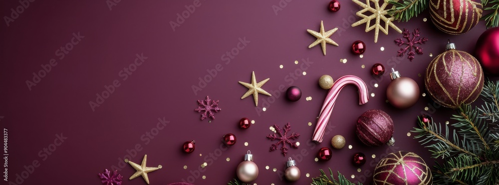 Fototapeta premium Festive Christmas Decorations With Ornaments and Candy Cane on Maroon Background
