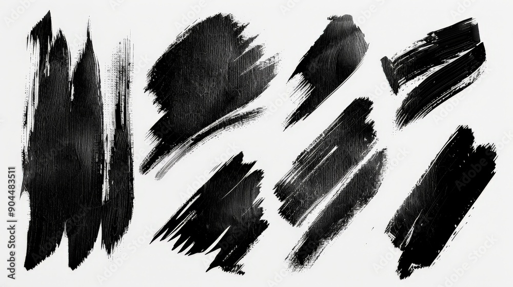 A collection of various artistic black brush strokes is presented on a white canvas, showcasing different brush techniques and textures often used in painting and graphic design. A collection of various artistic black brush strokes is presented on a white canvas, showcasing different brush techniques and textures often used in painting and graphic design.