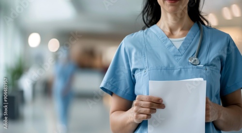 Healthcare Worker Holding Blank Clipboard in Hospital Corridor During Daylight photo