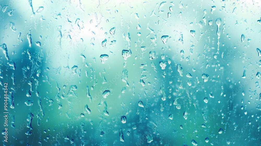 A photo of raindrops on glass, with a blurred background that creates an atmosphere of calm and tranquility. The colors are soft blue tones, creating a serene mood A photo of raindrops on glass, with a blurred background that creates an atmosphere of calm and tranquility. The colors are soft blue tones, creating a serene mood