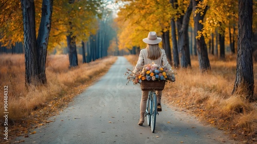 Young woman on bicycle wearing elegant hat on bright background of autumn park.