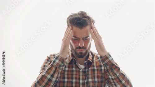 a man having a headache, standing on white background.