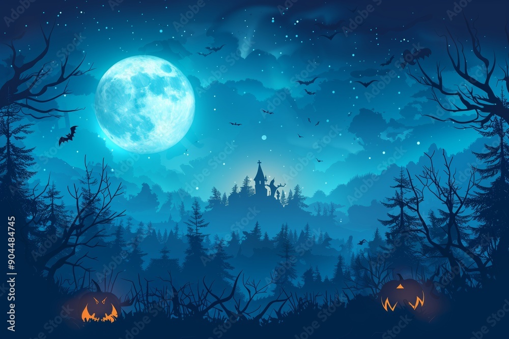 Spooky Halloween Blue Vector Scene Background Design Spooky Halloween Blue Vector Scene Background Design