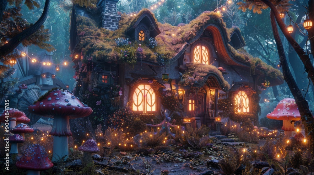 Fototapeta premium A fairy-tale house in the forest, decorated with string lights and mushrooms, surrounded by lush vegetation, creating a mystical and inviting ambiance perfect for daydreams.