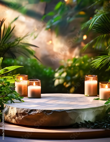 Stone Podium With Candles In Front Of A Lush Green Background