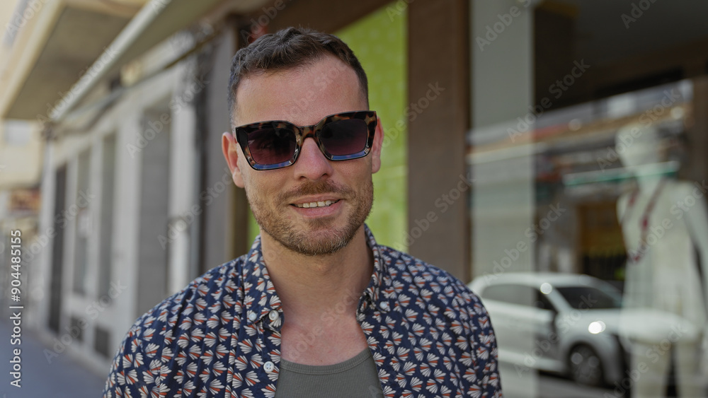Handsome young man with beard and sunglasses smiling on a sunny city street.