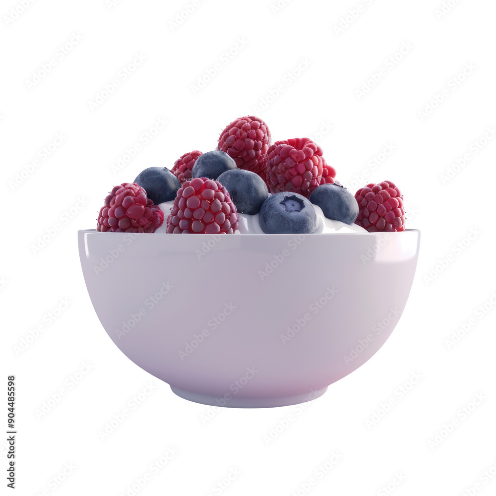 transparent background with a bowl of yogurt topped with raspberries and blueberries. transparent background with a bowl of yogurt topped with raspberries and blueberries.