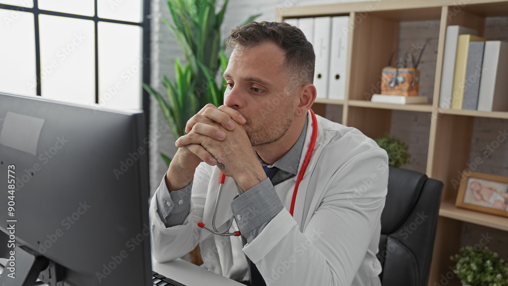 Naklejka premium Pensive hispanic doctor in white lab coat with stethoscope sitting at a desk indoors in a clinic office, looking at a computer screen.