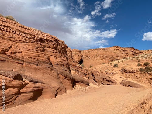 Photo of view from rear end of Navajo Upper Antelope Canyon within Lake Powell Navajo Tribal Park near Page, east of Lechee, Arizona, United States of America USA.