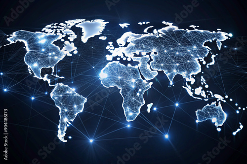 The map is composed of a network of glowing lines and points, creating a futuristic and abstract representation of the Earth