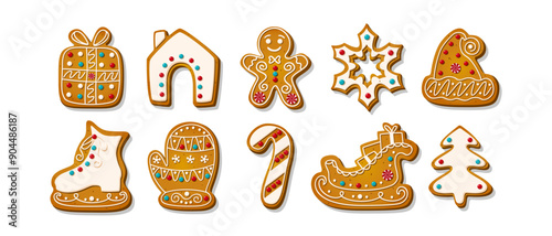 Christmas Gingerbread cookies for celebrating xmas. Winter homemade sweets in festive shapes isolated on white background. Cute flat cartoon Vector illustration