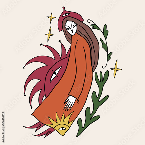 Rural doodle medieval local girl in folklore costume. Folk cartoon fairytale funny groovy whimsical flat art. Midsummer or Litha holiday. Hand-drawn bohemian composition. Boho woman energy mystical