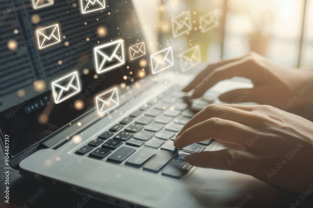 A person is typing on their laptop, with multiple mail icons floating above the keyboard, indicating an active and open email conversation Generative AI A person is typing on their laptop, with multiple mail icons floating above the keyboard, indicating an active and open email conversation Generative AI