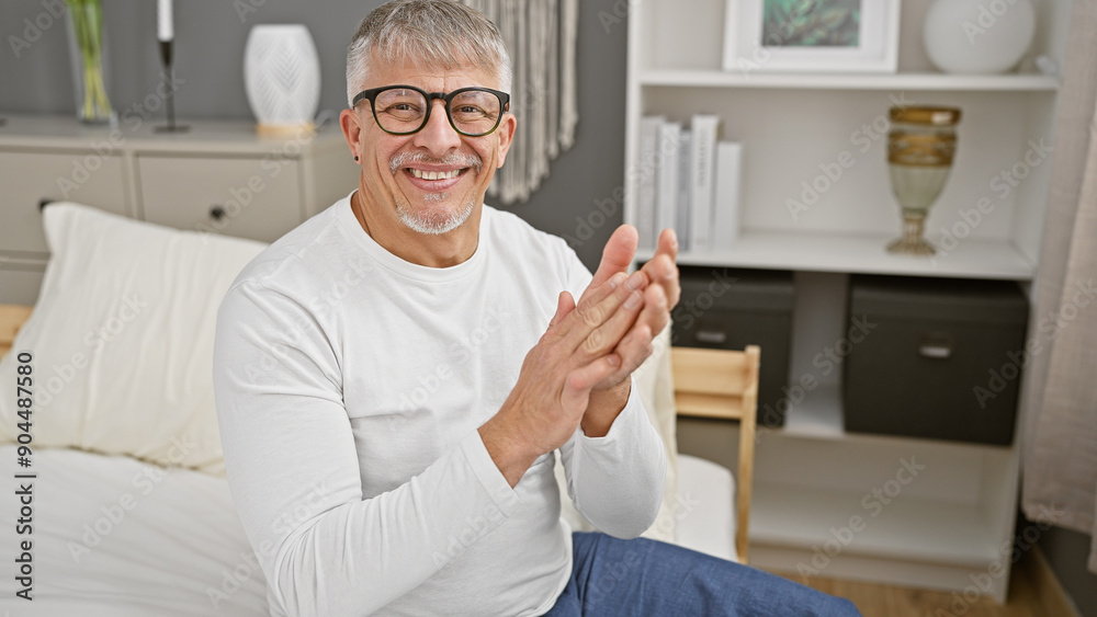 A cheerful mature man with grey hair clapping hands in a modern bedroom interior. A cheerful mature man with grey hair clapping hands in a modern bedroom interior.