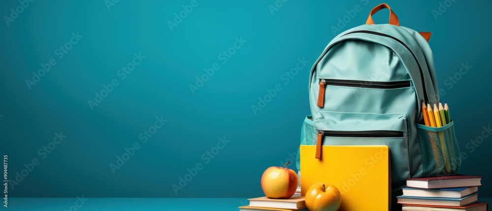 Full school backpack with books isolated on blue background with copy space, Back to School concept Full school backpack with books isolated on blue background with copy space, Back to School concept