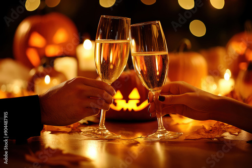 Toasting with Champagne on Halloween Night