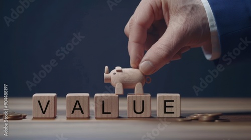 Hand put the piggy on value wooden block character on the table with coins. Invest , asset and yield rate concept.