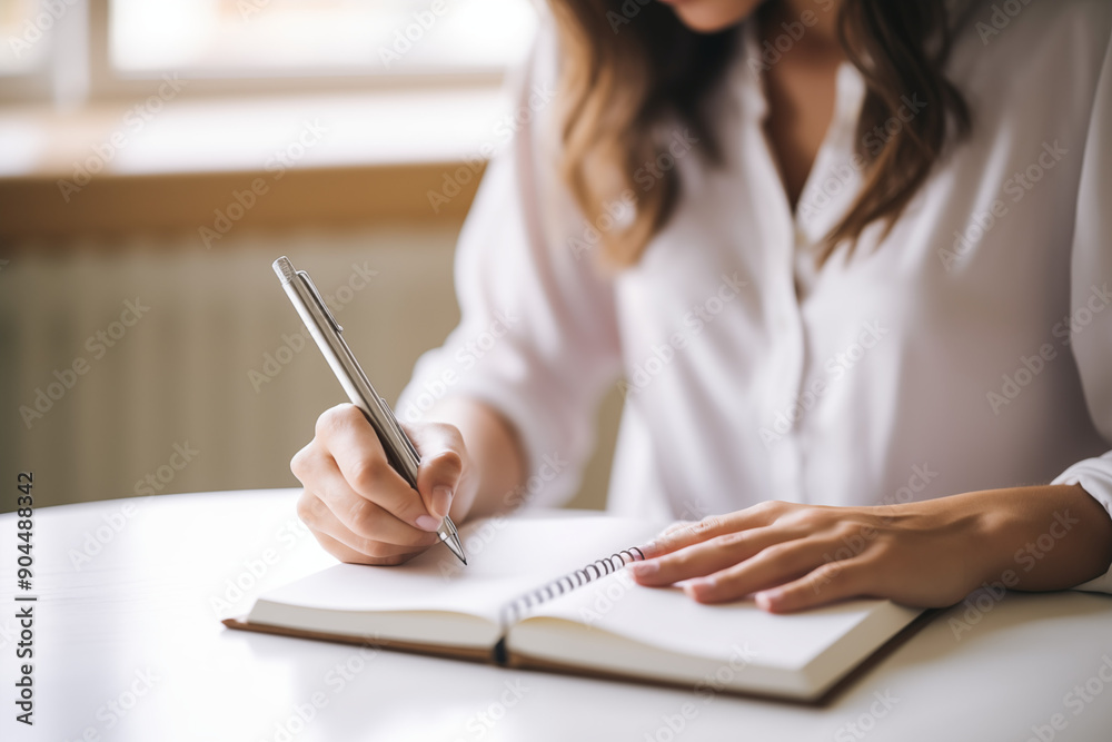 Woman Writing Notes in a Notebook at Home Office Desk Woman Writing Notes in a Notebook at Home Office Desk
