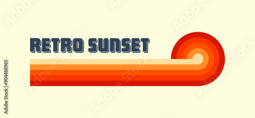 Horizontal vintage sunset. Various colorful striped sunrise badges in 80s and 90s style. Sun and ocean view, summer vibes, surfing. Design element, print, logo or t-shirt. Vector illustration