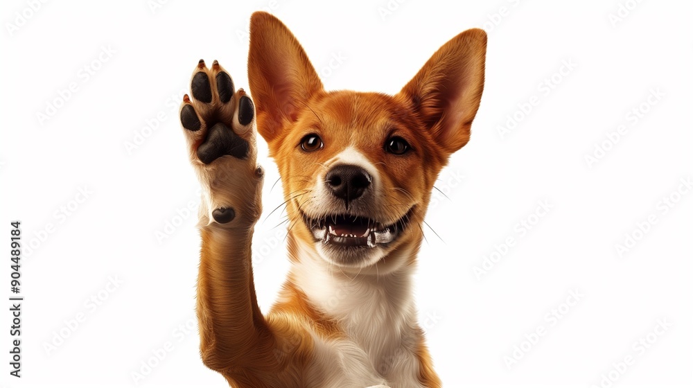 Adorable brown and white basenji dog smiling and giving a high five isolated on white. Adorable brown and white basenji dog smiling and giving a high five isolated on white.