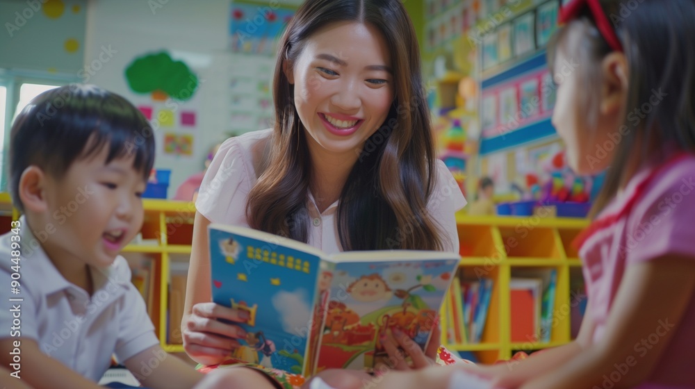 Asian female teacher teaching mixed race kids reading book in classroomkindergarten pre school concept. Asian female teacher teaching mixed race kids reading book in classroomkindergarten pre school concept.
