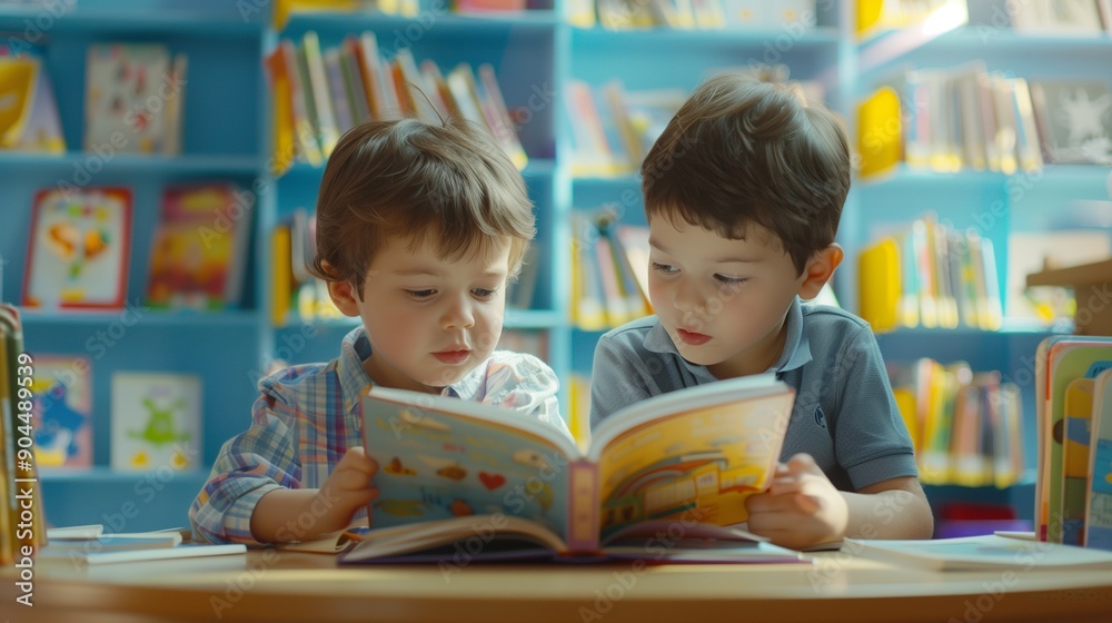 Two boy kid sit on table and reading tale book in preschool librarykindergarten school education concept. Two boy kid sit on table and reading tale book in preschool librarykindergarten school education concept.