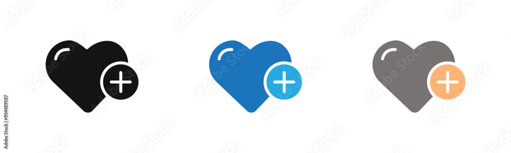 Heart plus icon outline collection or set in black and white Heart plus icon outline collection or set in black and white
