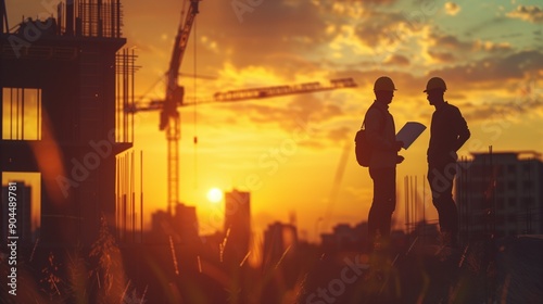Wallpaper Mural Silhouette teams of business engineers looking for blueprints in construction sites through blurry construction sites at sunset. Torontodigital.ca