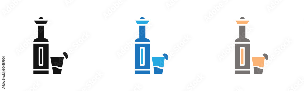 Tequila bottle and glass icon outline collection or set in black and white Tequila bottle and glass icon outline collection or set in black and white