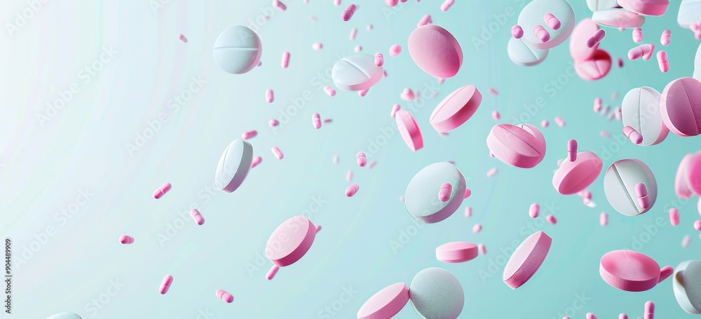 Banner with Pink and White Pills Falling on a White Background Banner with Pink and White Pills Falling on a White Background