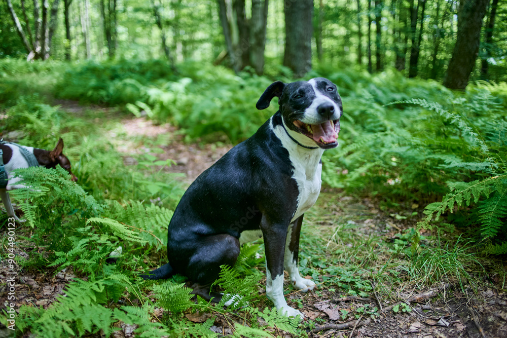 Black and white dog sitting on a summer hiking trail. Black and white dog sitting on a summer hiking trail.