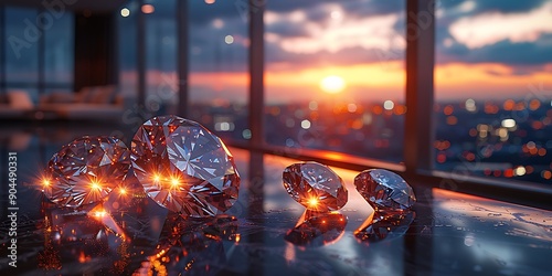 Fototapeta Naklejka Na Ścianę i Meble -  Sparkling diamonds in a luxurious penthouse with a breathtaking city sunset view.