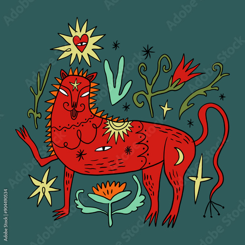 Folk cartoon medieval lion and snake, fairytale funny groovy whimsical vintage heraldic wild cat flat art. Doodle character with mushrooms and botanical floral details. Hand-drawn bohemian composition