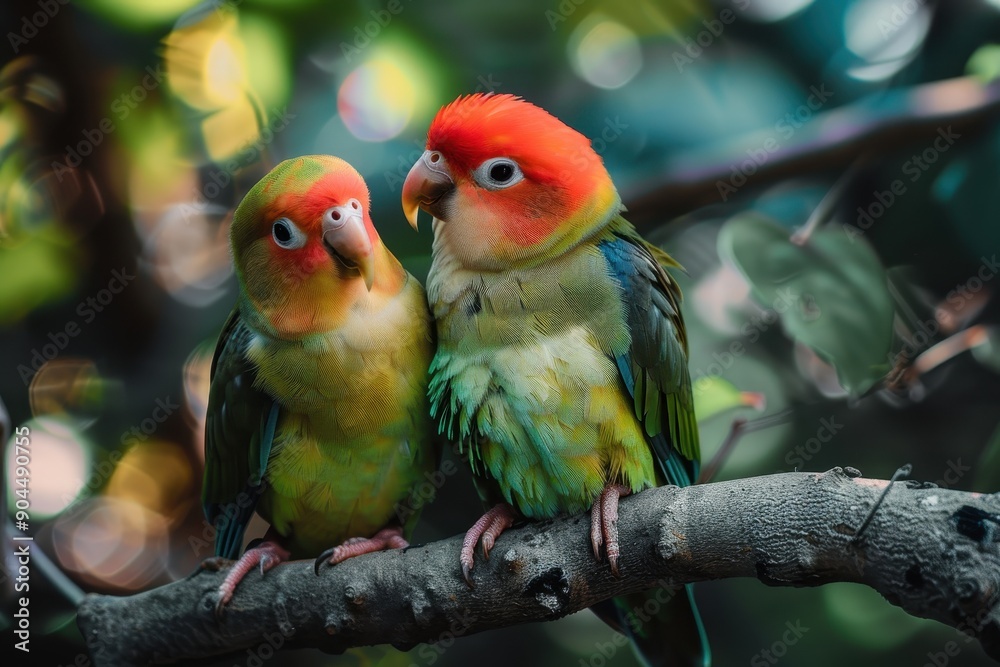 Obraz premium Domesticated lovebirds sitting together in forest