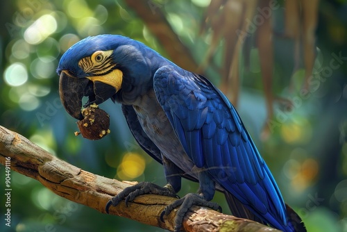 Large blue macaw eating Brazil nut on branch in Amazon Basin photo