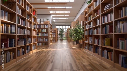 Library with many shelves and books diminishing perspective and shallow dof.