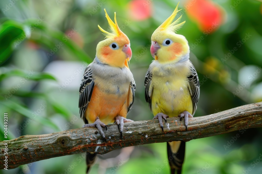 Fototapeta premium Two yellow cockatiels perched in garden branch