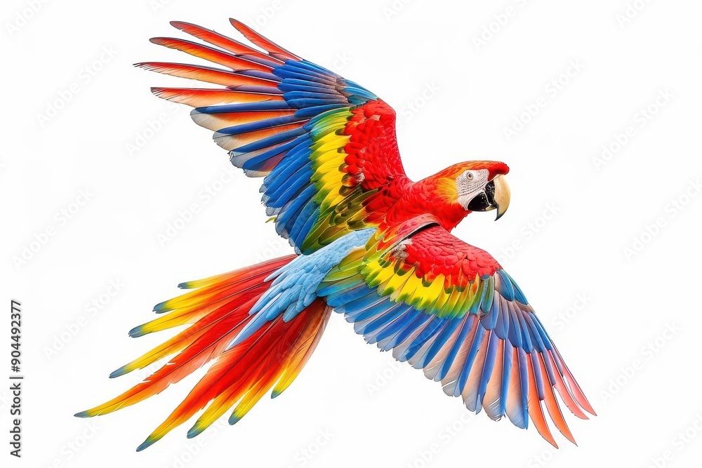 Fototapeta premium Vibrant parrot flying alone on white backdrop