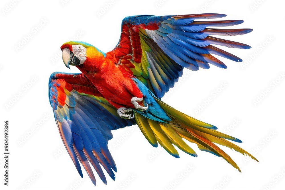 Fototapeta premium Vibrant parrot flying alone in white background