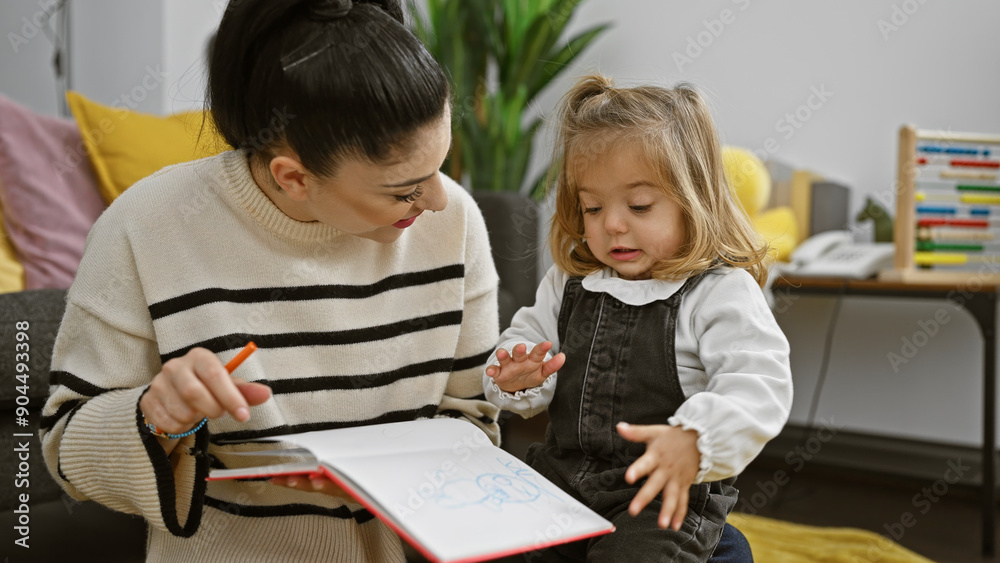 A mother and daughter enjoying a drawing activity together in a cozy living room A mother and daughter enjoying a drawing activity together in a cozy living room