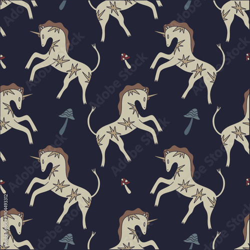 Seamless pattern of folk cartoon medieval unicorn, fairytale funny groovy horse pony whimsical vintage heraldic wild flat art. Doodle character with mushrooms. Hand-drawn bohemian composition. Old