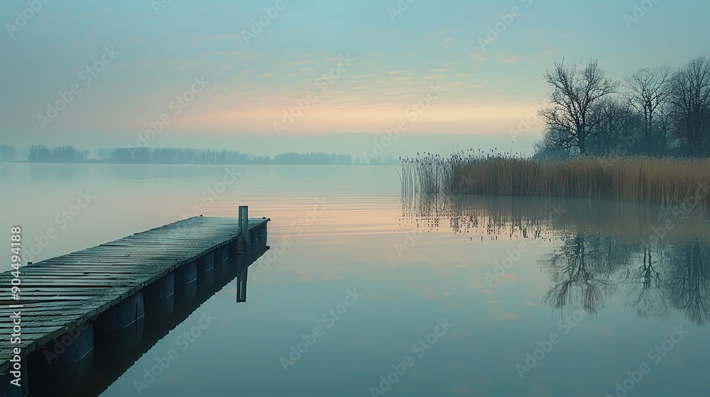 Fototapeta premium Tranquil lakeside at twilight, viewed from a slight angle, water reflecting a grainy gradient sky, soft pastel tones, gentle ripples.