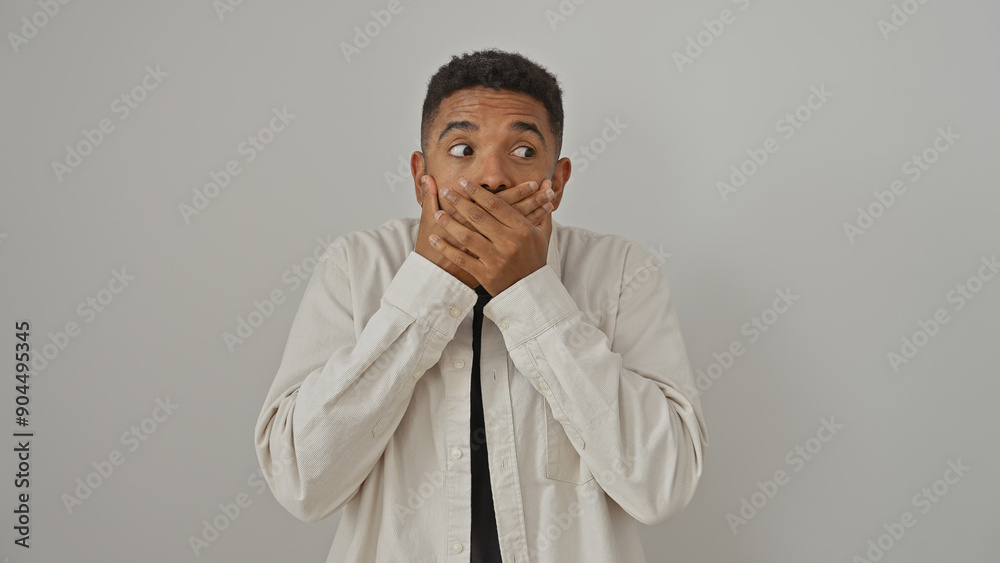 Surprised young black man covering mouth with hands, standing against an isolated white background in casual attire. Surprised young black man covering mouth with hands, standing against an isolated white background in casual attire.